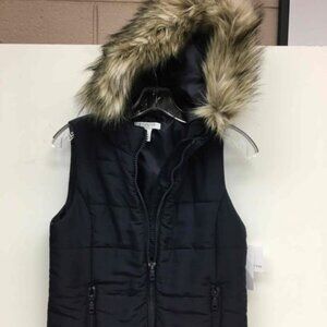 WOMENS NEW LIZ CLAIBORNE FUR HOODED QUILTED VEST SIZE PS NAVY BLUE